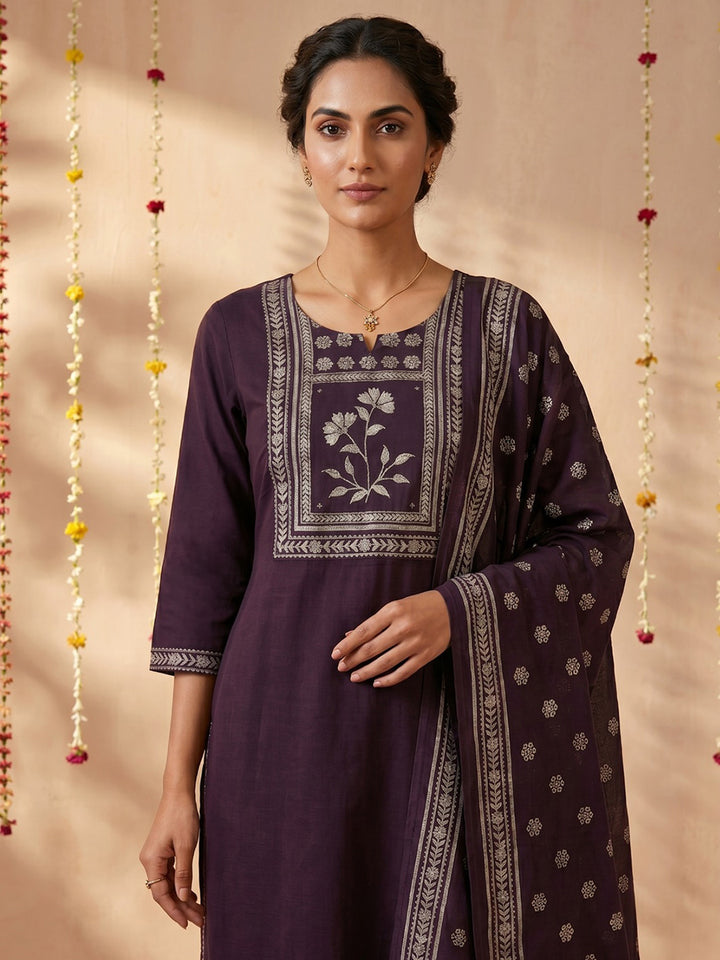 Wine Printed Cotton Blend Round Neck Suit Set