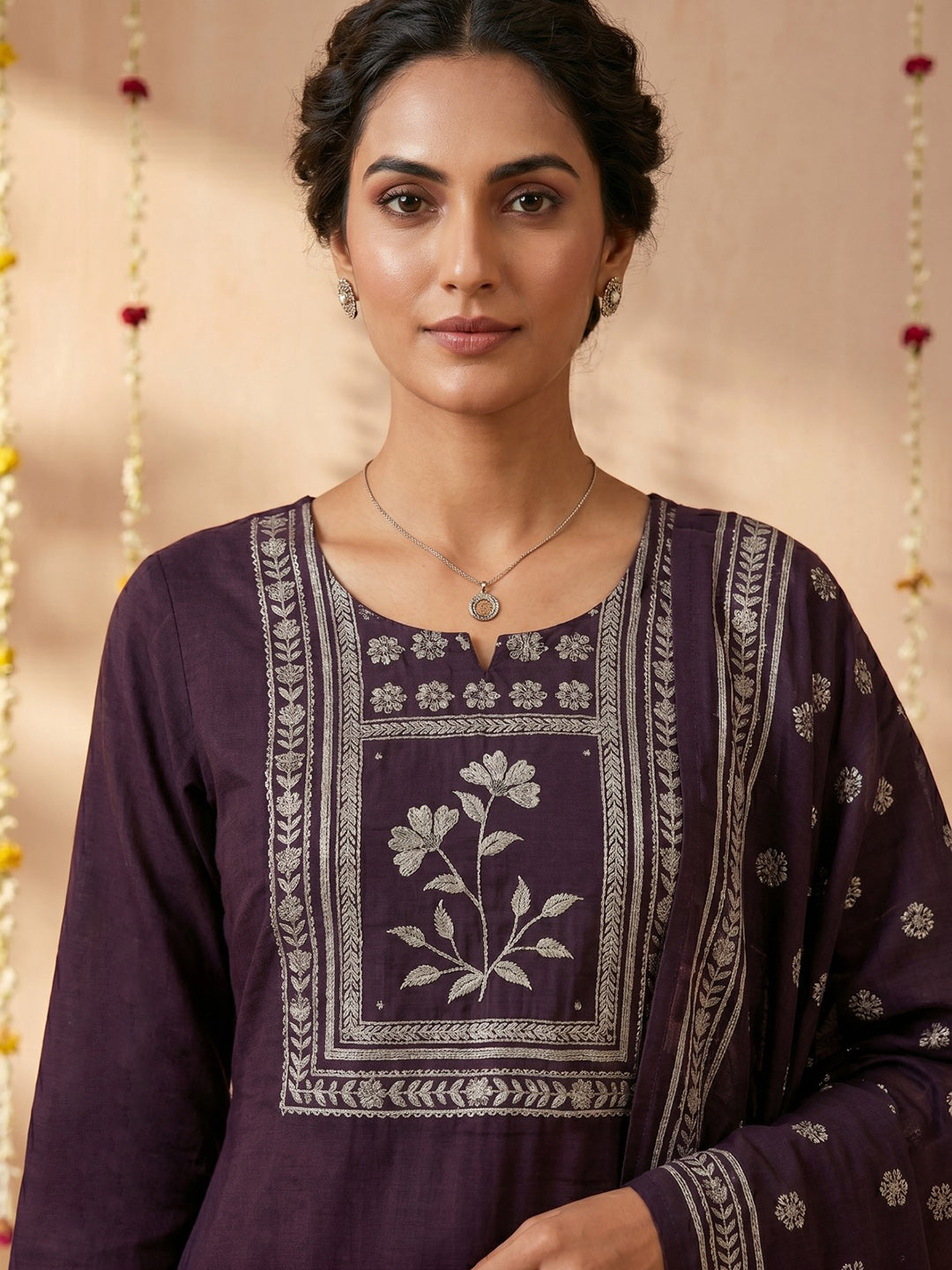 Wine Printed Cotton Blend Round Neck Suit Set
