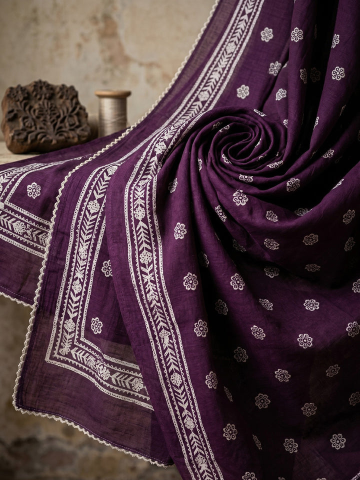 Wine Printed Cotton Blend Round Neck Suit Set