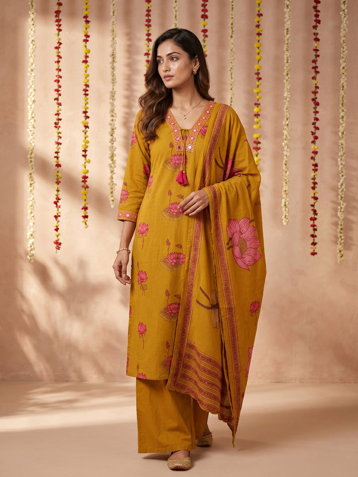Mustard Embroidered Cotton Blend Round Neck Suit Set