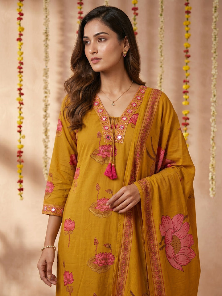 Mustard Embroidered Cotton Blend Round Neck Suit Set