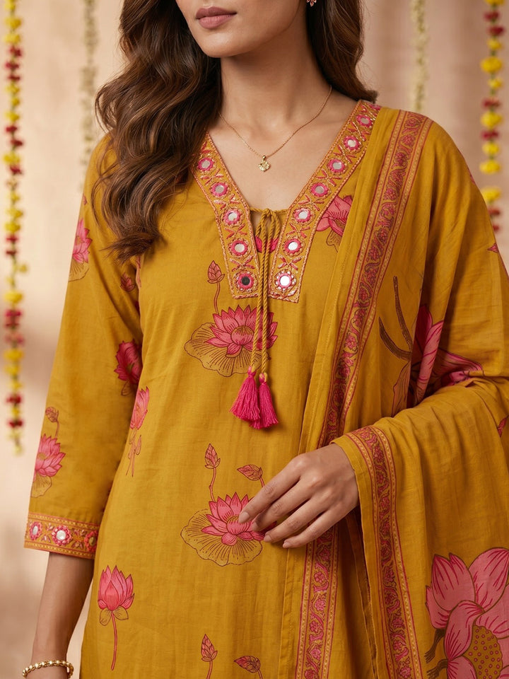 Mustard Embroidered Cotton Blend Round Neck Suit Set