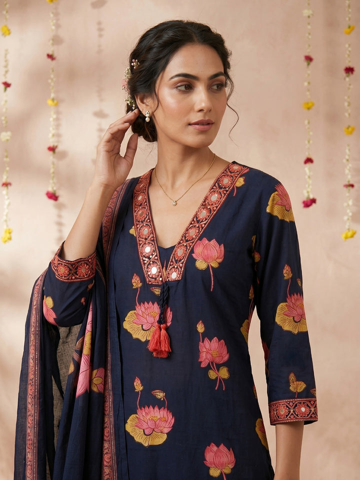 Navy Blue Embroidered Cotton Blend Round Neck Suit Set
