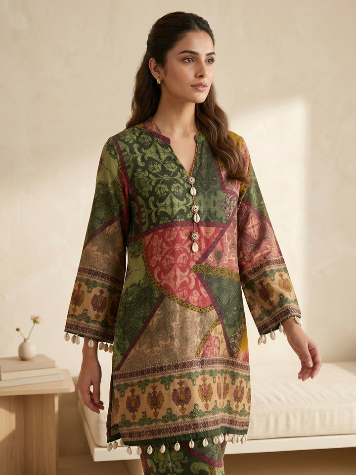 Mustard Embroidered Cotton Blend Round Neck Straight Kurta With Pant