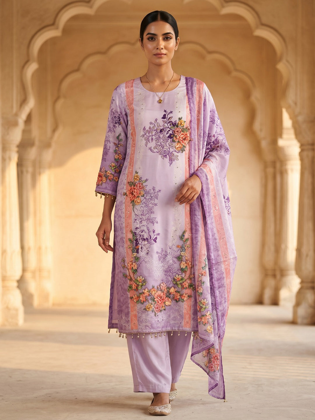 Purple Printed Crepe Round Neck Kurta &amp; Pant With Crepe Dupatta