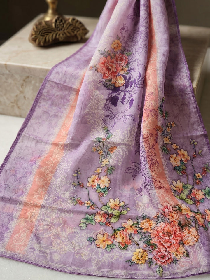 Purple Printed Crepe Round Neck Kurta &amp; Pant With Crepe Dupatta