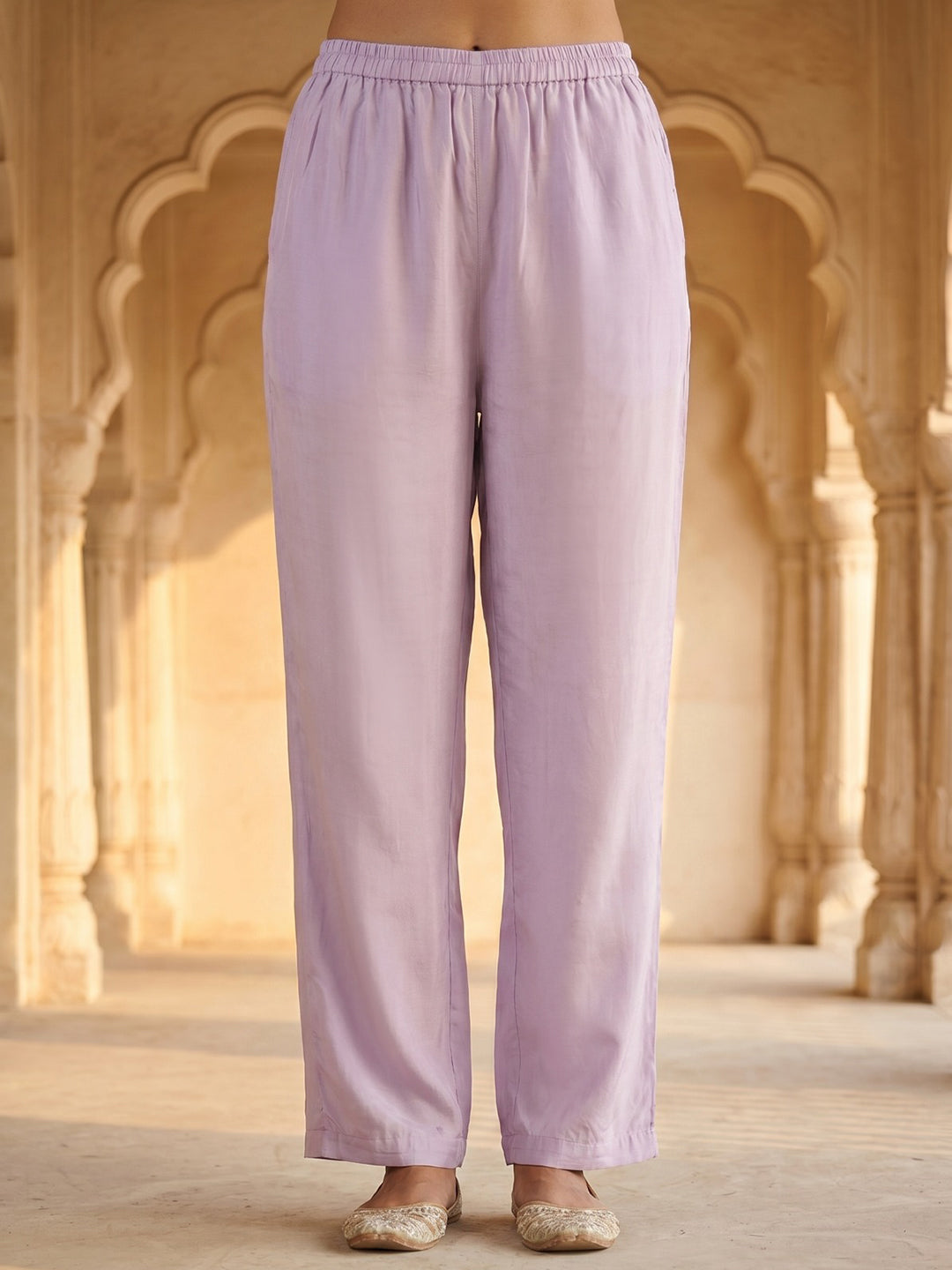 Purple Printed Crepe Round Neck Kurta &amp; Pant With Crepe Dupatta