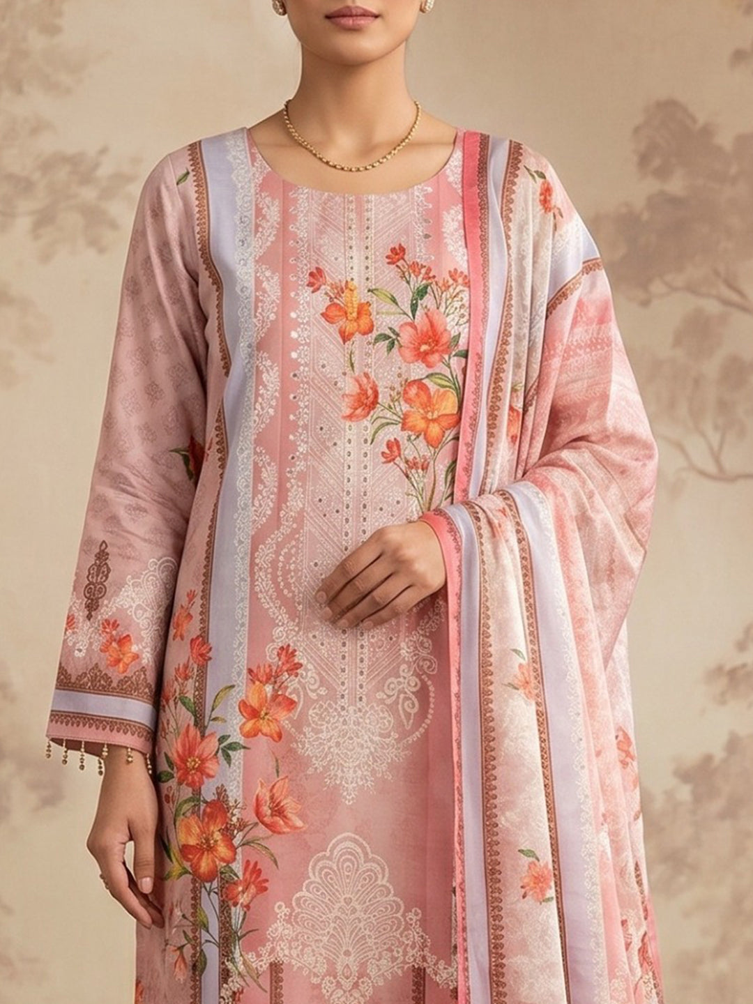 Red Printed Crepe Round Neck Kurta &amp; Pant With Crepe Dupatta