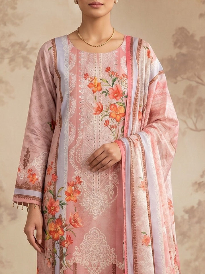 Red Printed Crepe Round Neck Kurta &amp; Pant With Crepe Dupatta