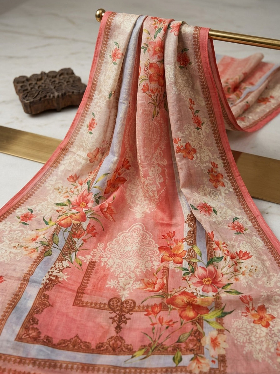Red Printed Crepe Round Neck Kurta &amp; Pant With Crepe Dupatta