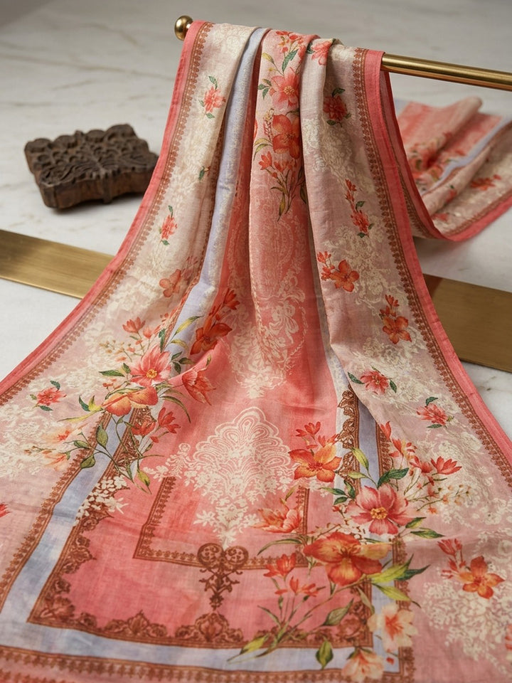 Red Printed Crepe Round Neck Kurta &amp; Pant With Crepe Dupatta