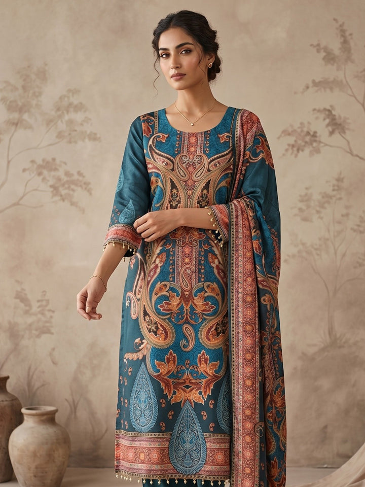 Blue Printed Crepe Round Neck Kurta &amp; Pant With Crepe Dupatta