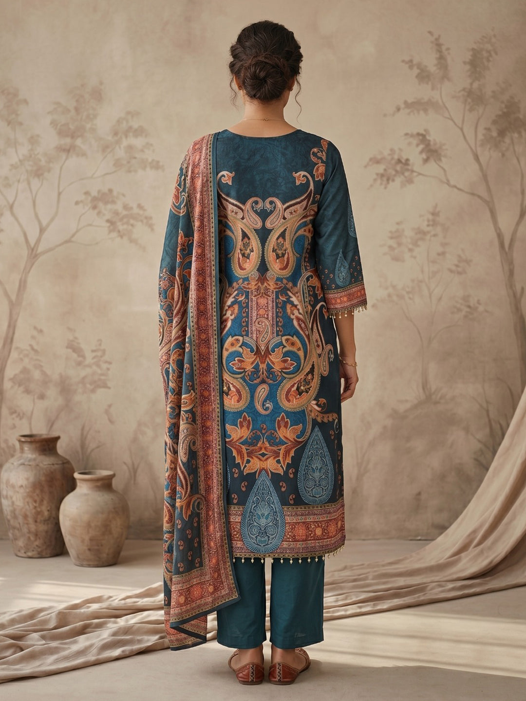 Blue Printed Crepe Round Neck Kurta &amp; Pant With Crepe Dupatta
