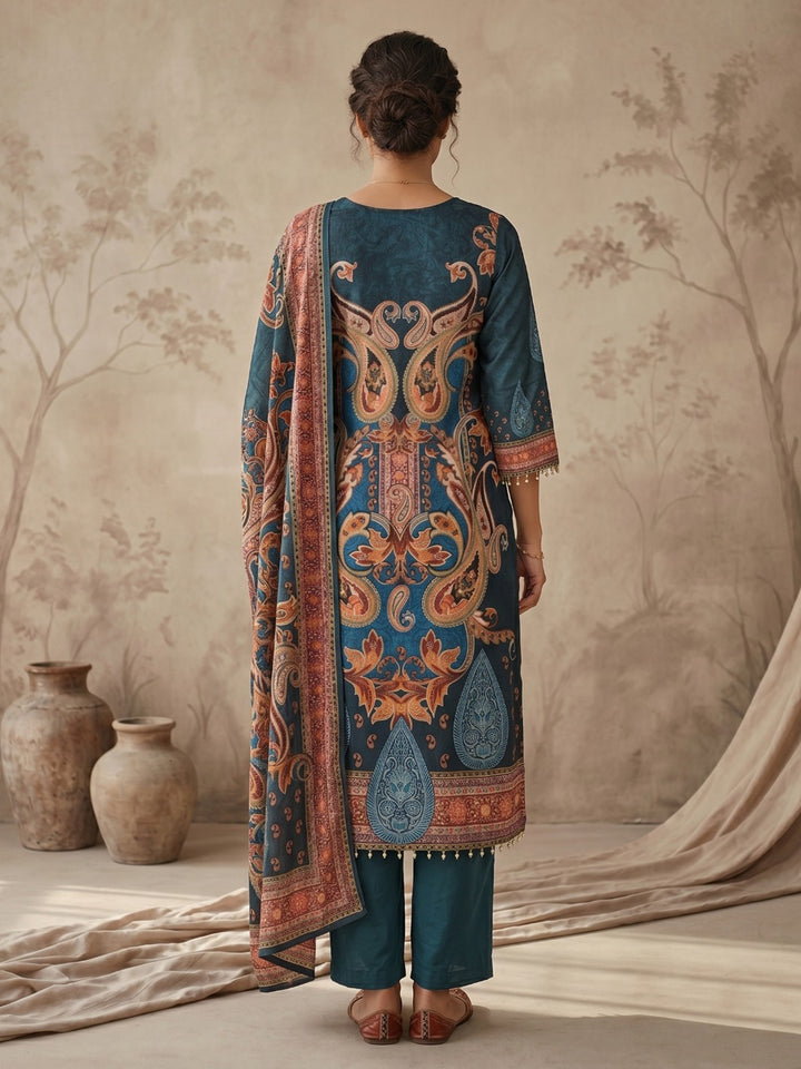 Blue Printed Crepe Round Neck Kurta &amp; Pant With Crepe Dupatta