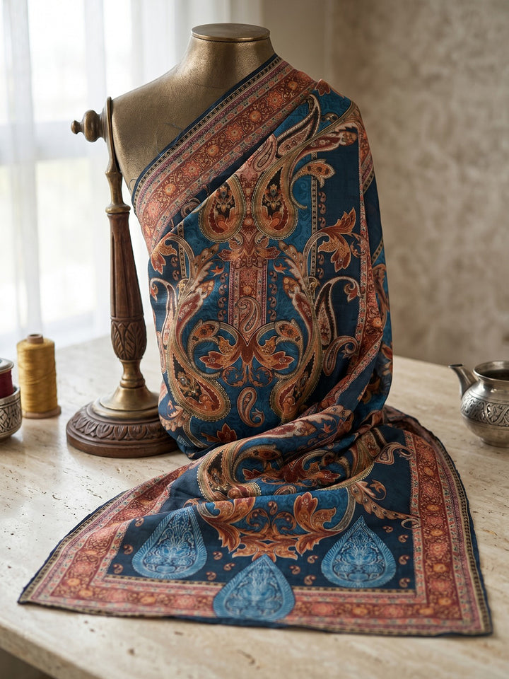 Blue Printed Crepe Round Neck Kurta &amp; Pant With Crepe Dupatta