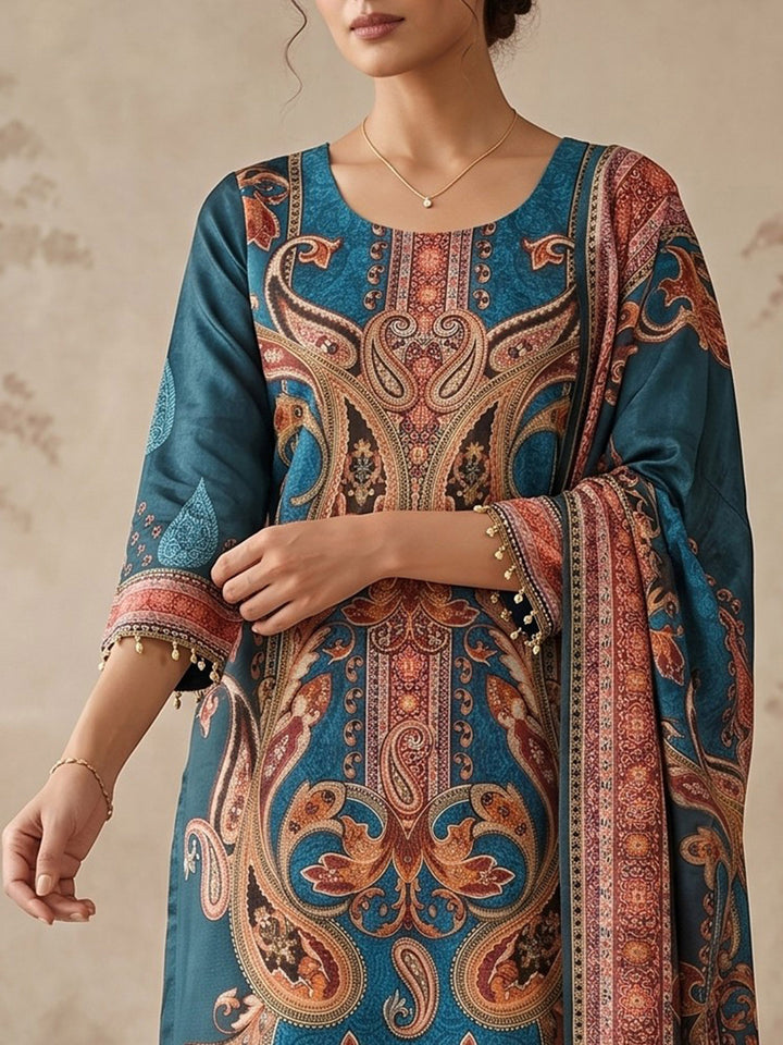 Blue Printed Crepe Round Neck Kurta &amp; Pant With Crepe Dupatta