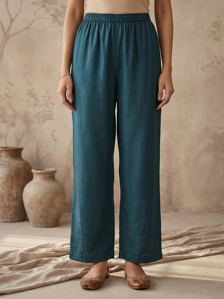 Blue Printed Crepe Round Neck Kurta &amp; Pant With Crepe Dupatta
