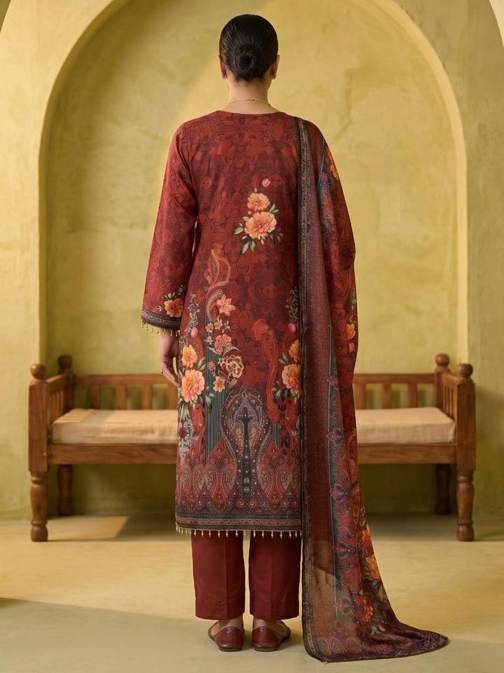 Red Printed Crepe Round Neck Kurta &amp; Pant With Crepe Dupatta