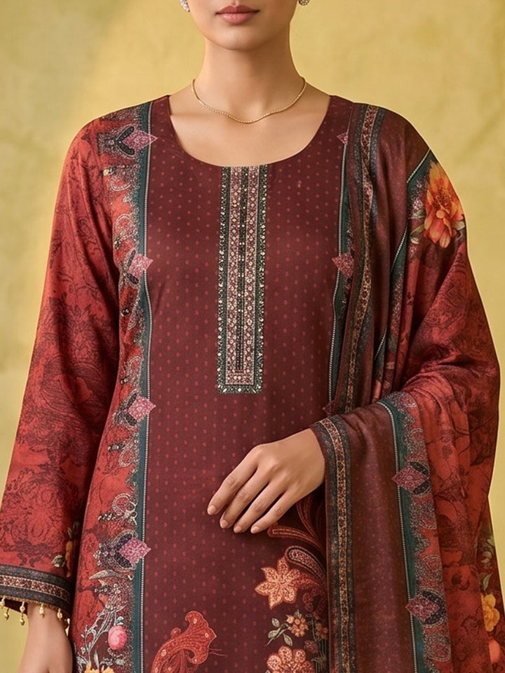 Red Printed Crepe Round Neck Kurta &amp; Pant With Crepe Dupatta
