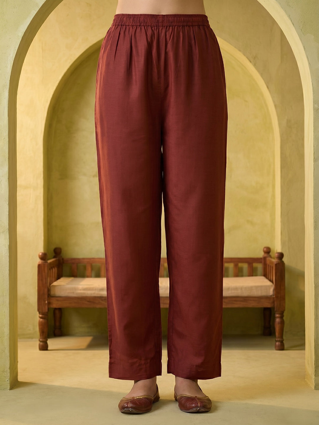 Red Printed Crepe Round Neck Kurta &amp; Pant With Crepe Dupatta