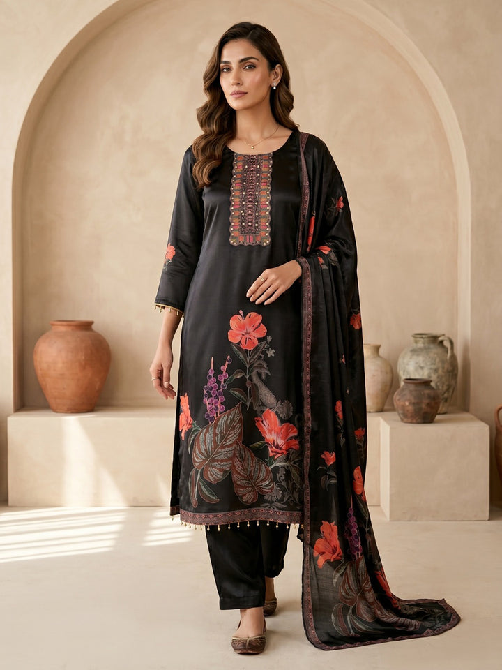 Black Printed Crepe Round Neck Kurta &amp; Pant With Crepe Dupatta