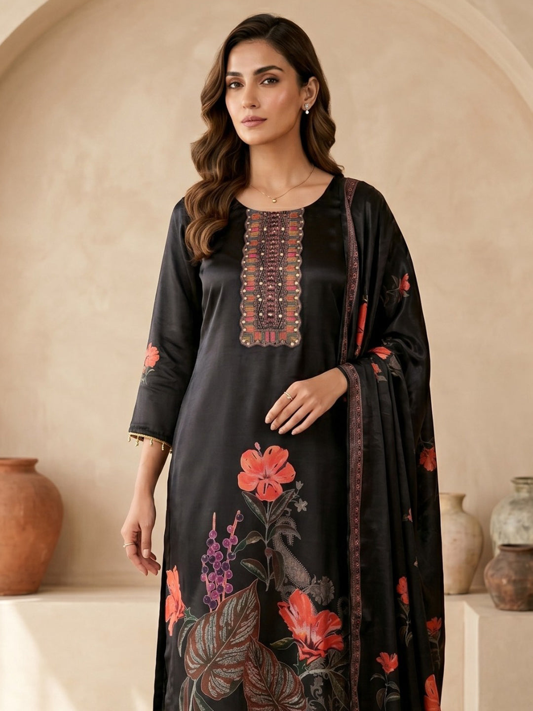 Black Printed Crepe Round Neck Kurta &amp; Pant With Crepe Dupatta