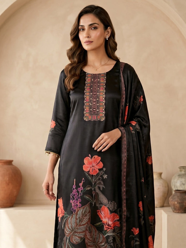 Black Printed Crepe Round Neck Kurta &amp; Pant With Crepe Dupatta