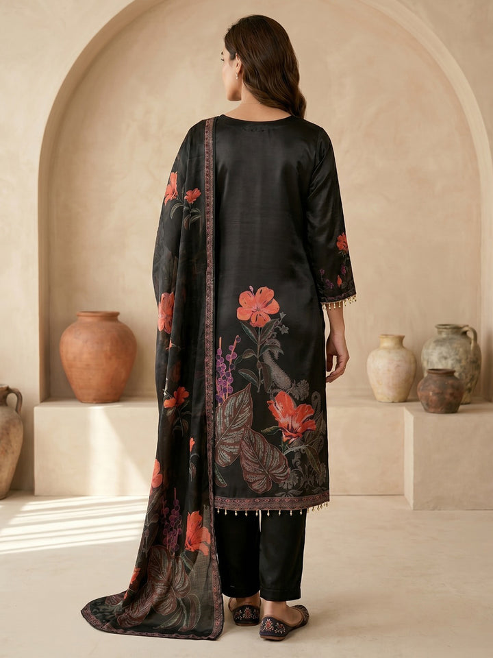Black Printed Crepe Round Neck Kurta &amp; Pant With Crepe Dupatta