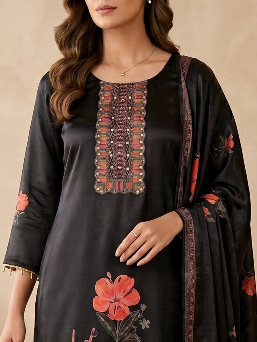 Black Printed Crepe Round Neck Kurta &amp; Pant With Crepe Dupatta