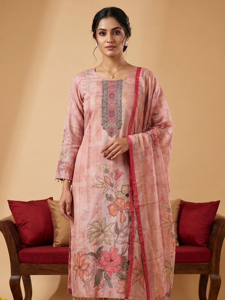 Pink Printed Crepe Round Neck Kurta &amp; Pant With Crepe Dupatta
