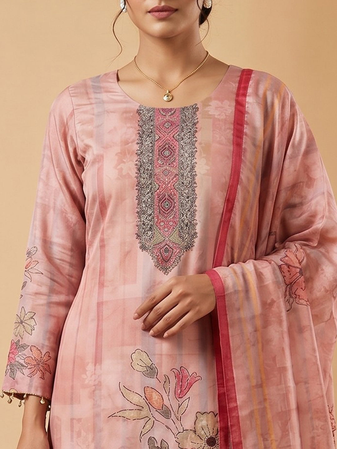 Pink Printed Crepe Round Neck Kurta &amp; Pant With Crepe Dupatta