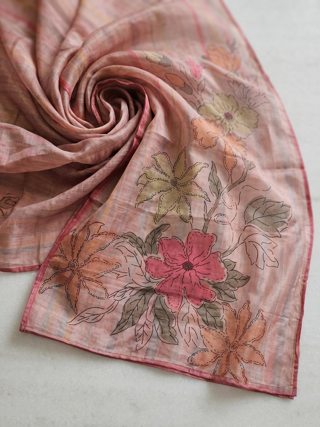 Pink Printed Crepe Round Neck Kurta &amp; Pant With Crepe Dupatta