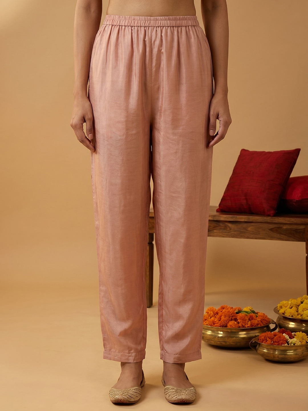 Pink Printed Crepe Round Neck Kurta &amp; Pant With Crepe Dupatta