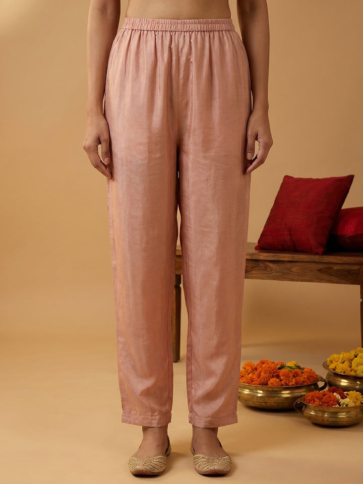 Pink Printed Crepe Round Neck Kurta &amp; Pant With Crepe Dupatta