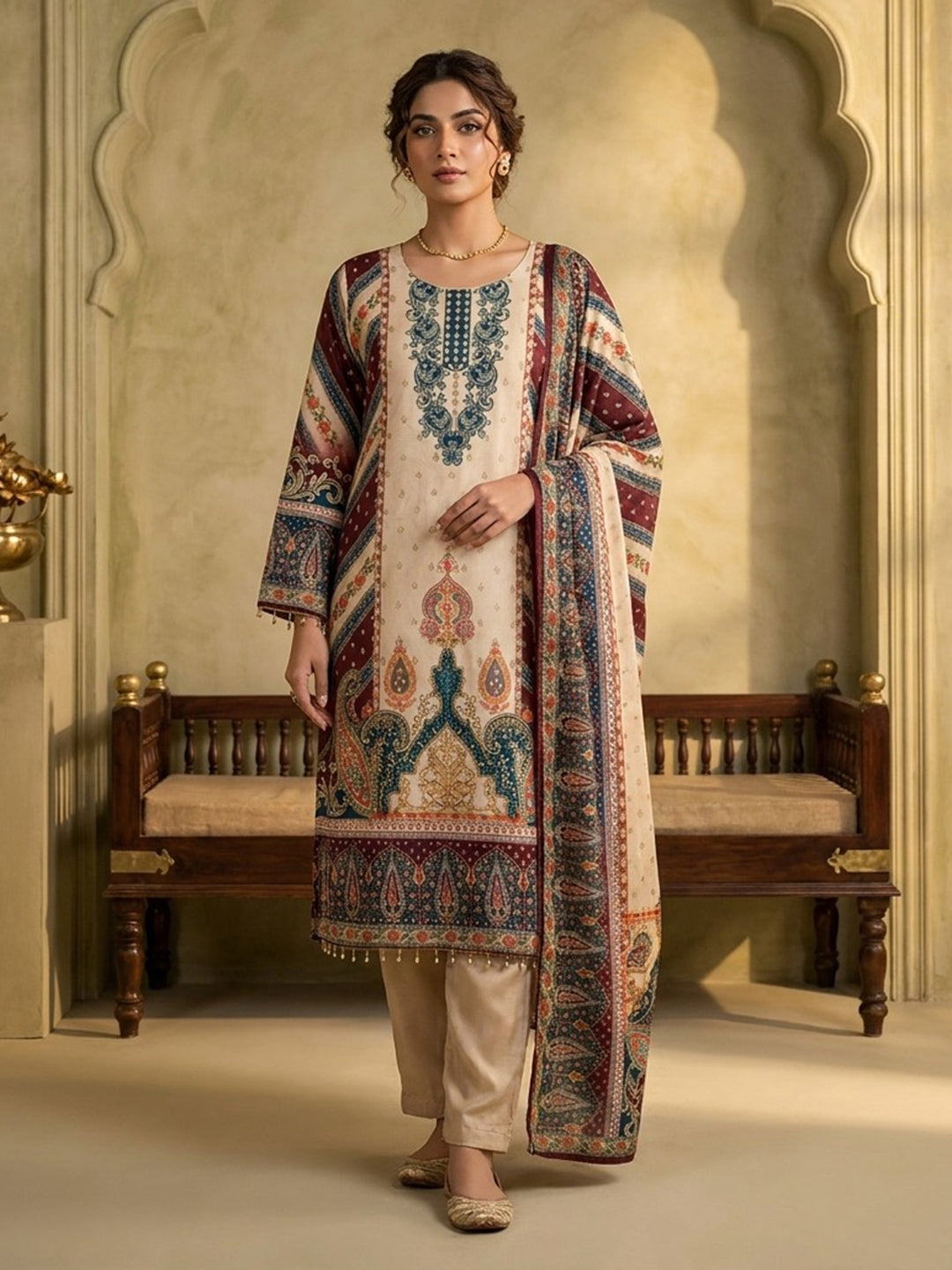 Maroon Printed Crepe Round Neck Kurta &amp; Pant With Crepe Dupatta