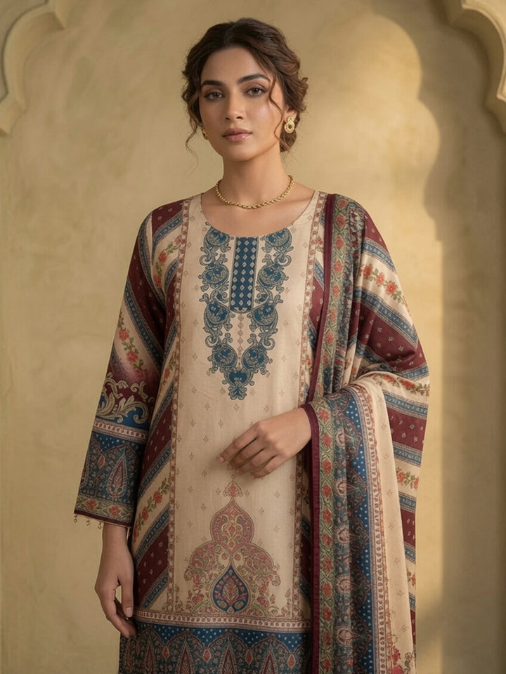 Maroon Printed Crepe Round Neck Kurta &amp; Pant With Crepe Dupatta