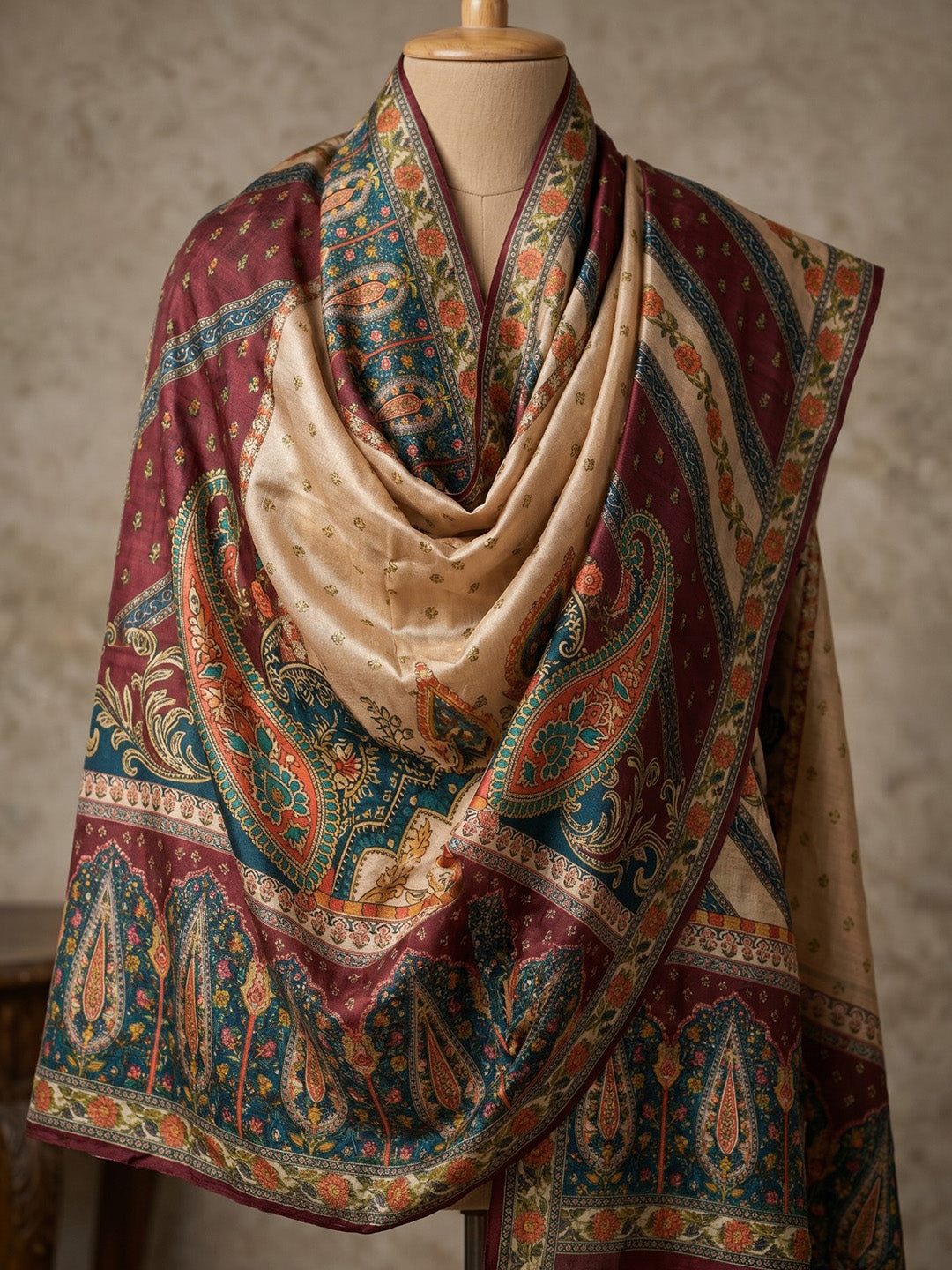 Maroon Printed Crepe Round Neck Kurta &amp; Pant With Crepe Dupatta