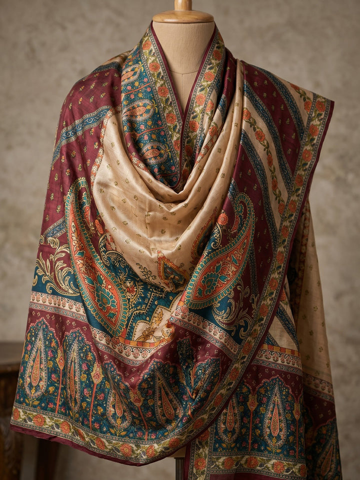 Maroon Printed Crepe Round Neck Kurta &amp; Pant With Crepe Dupatta