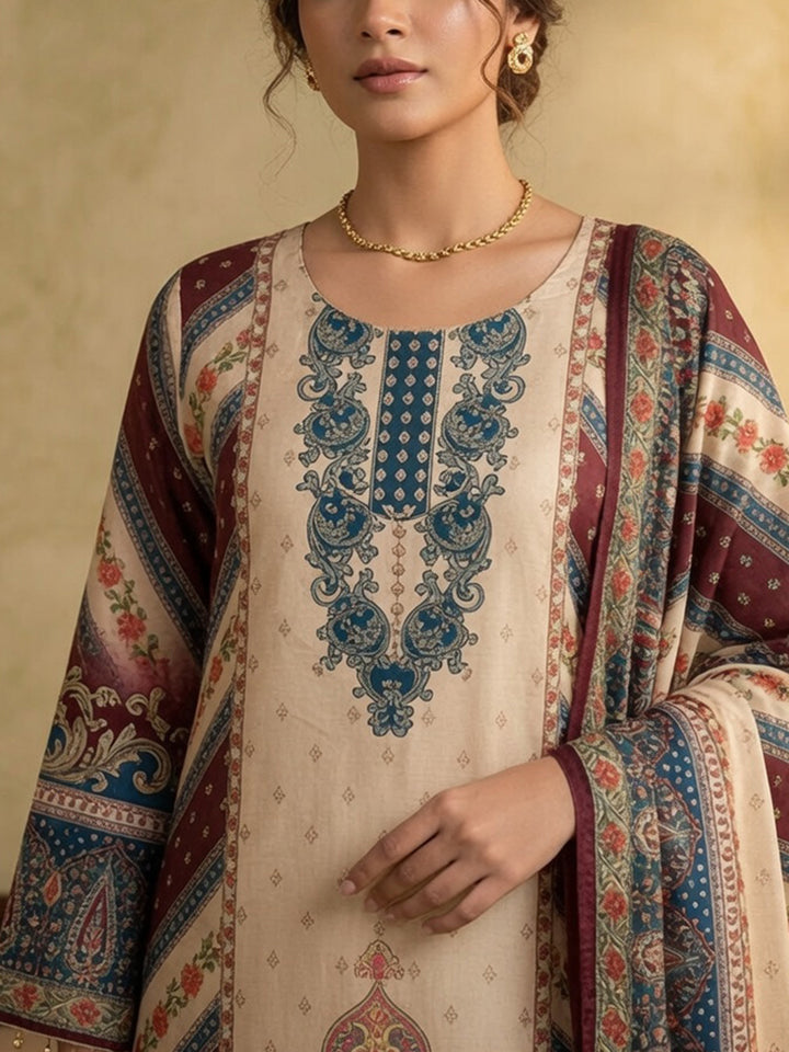 Maroon Printed Crepe Round Neck Kurta &amp; Pant With Crepe Dupatta