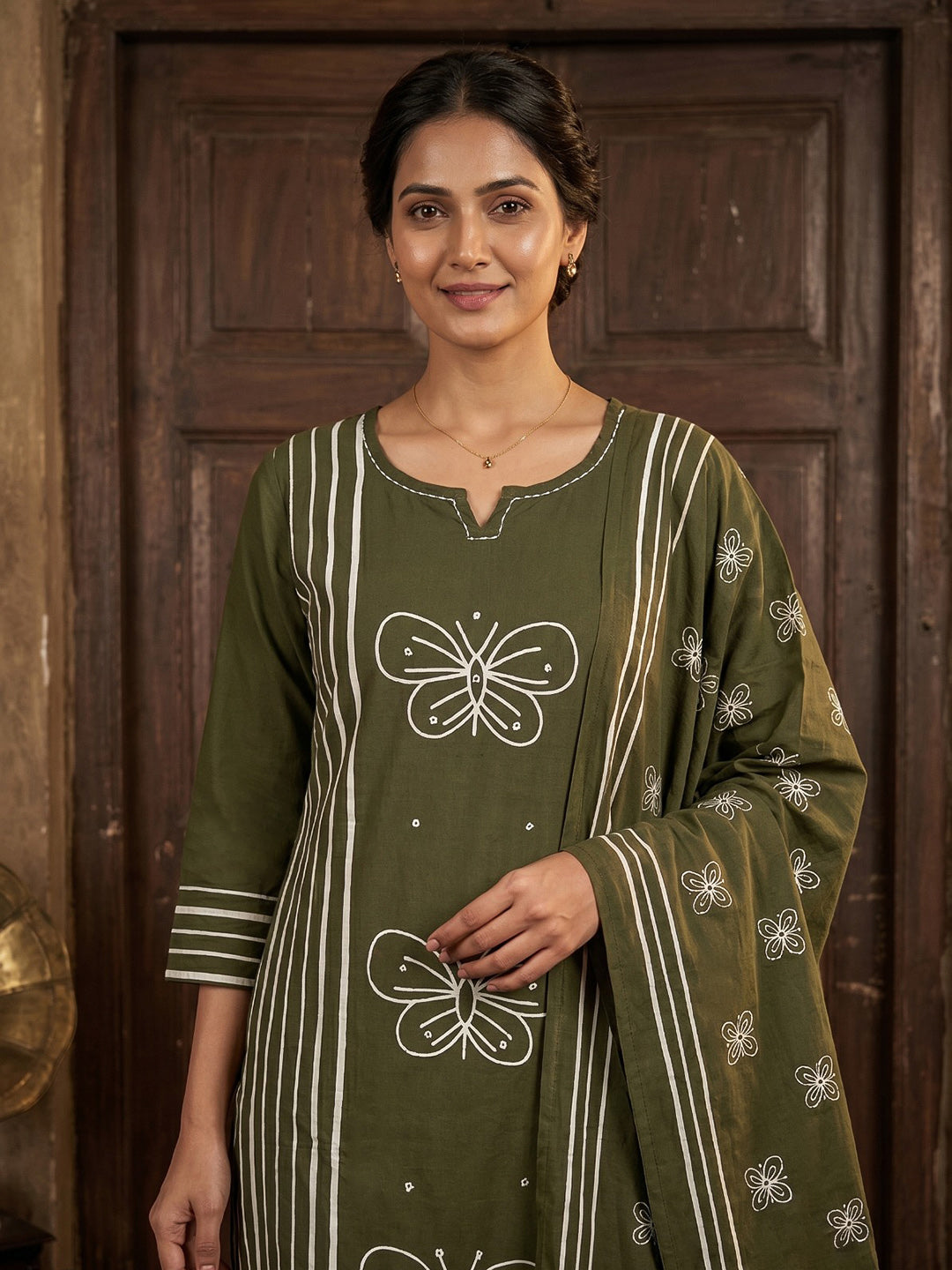 Green Printed Cotton Blend Straight Suit Set With Dupatta
