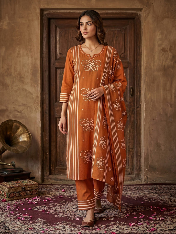 Red Printed Cotton Blend Straight Suit Set With Dupatta
