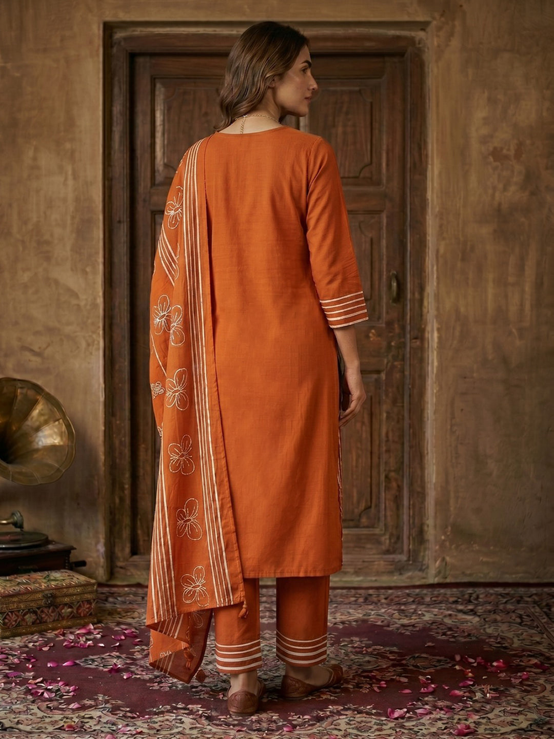 Red Printed Cotton Blend Straight Suit Set With Dupatta