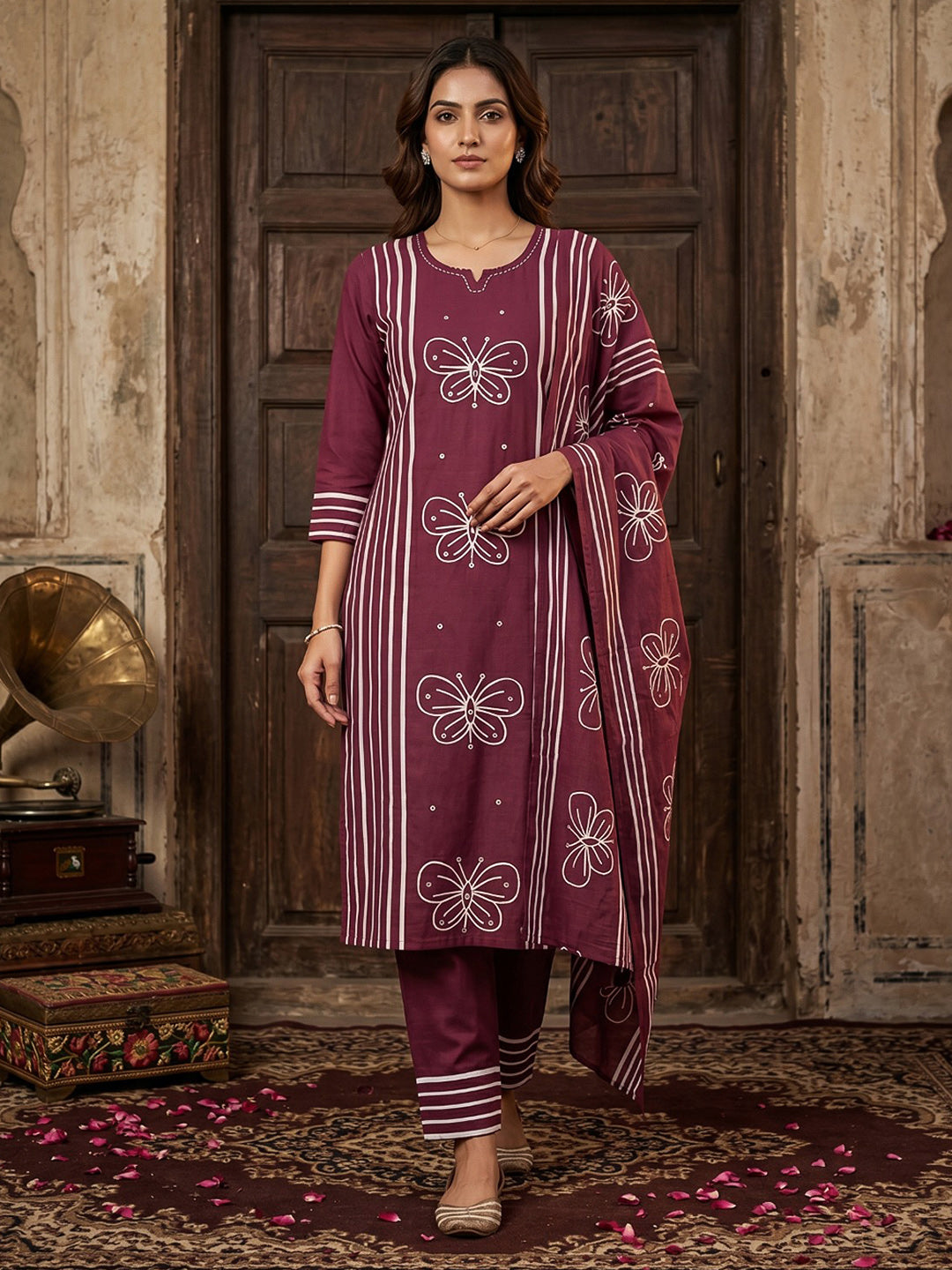 Maroon Printed Cotton Blend Straight Suit Set With Dupatta