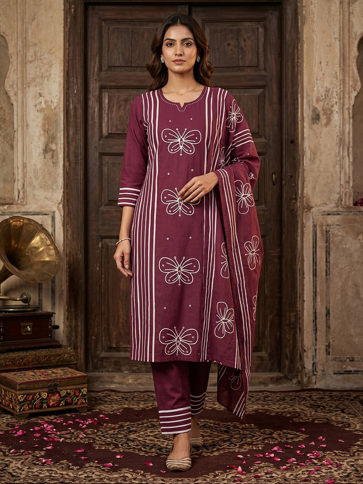 Maroon Printed Cotton Blend Straight Suit Set With Dupatta