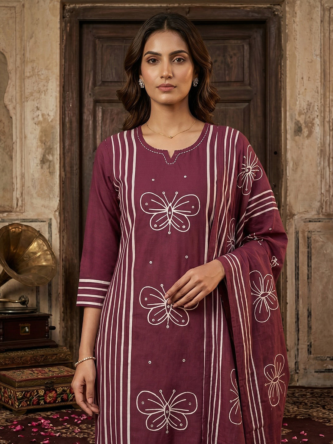 Maroon Printed Cotton Blend Straight Suit Set With Dupatta