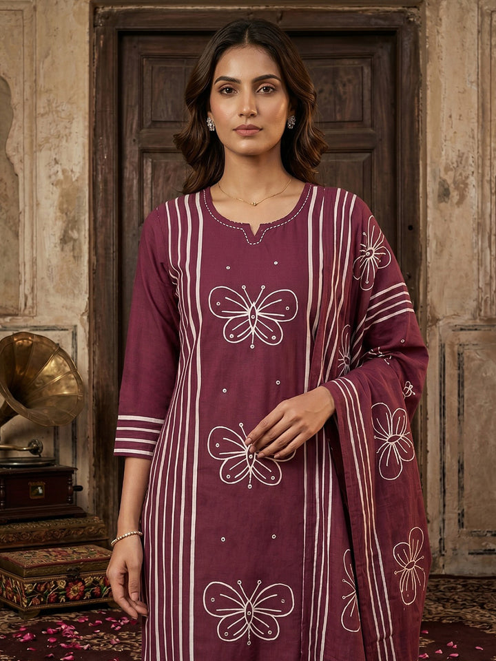 Maroon Printed Cotton Blend Straight Suit Set With Dupatta