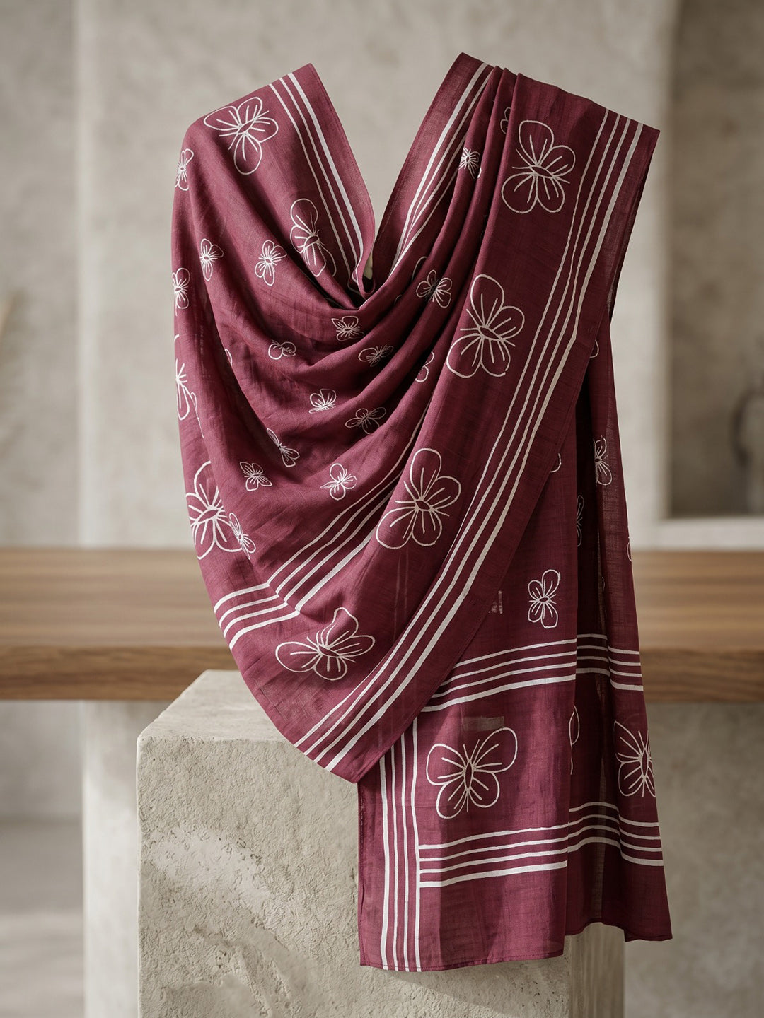 Maroon Printed Cotton Blend Straight Suit Set With Dupatta