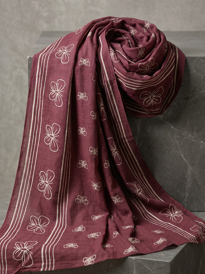 Maroon Printed Cotton Blend Straight Suit Set With Dupatta