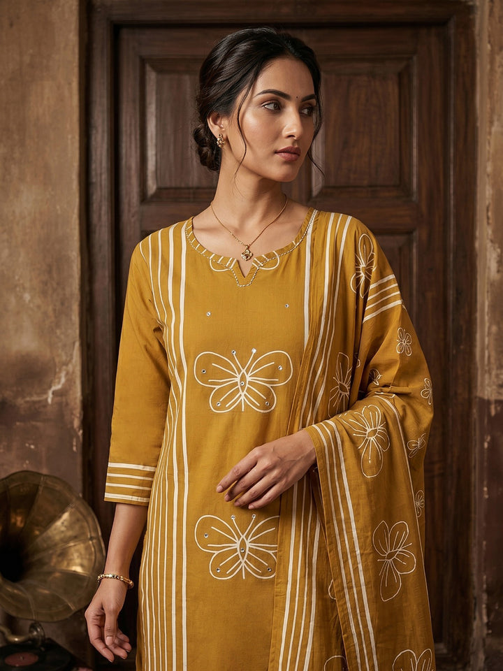 Yellow Printed Cotton Blend Straight Suit Set With Dupatta