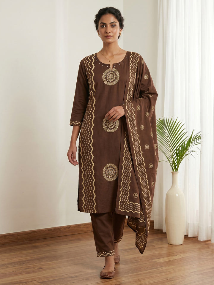 Brown Printed Cotton Blend Kurta With Pant &amp; Dupatta